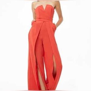 LUXXEL Strapless Jumpsuit Coral Red Wide Split Leg Party Special Occasion Sz L